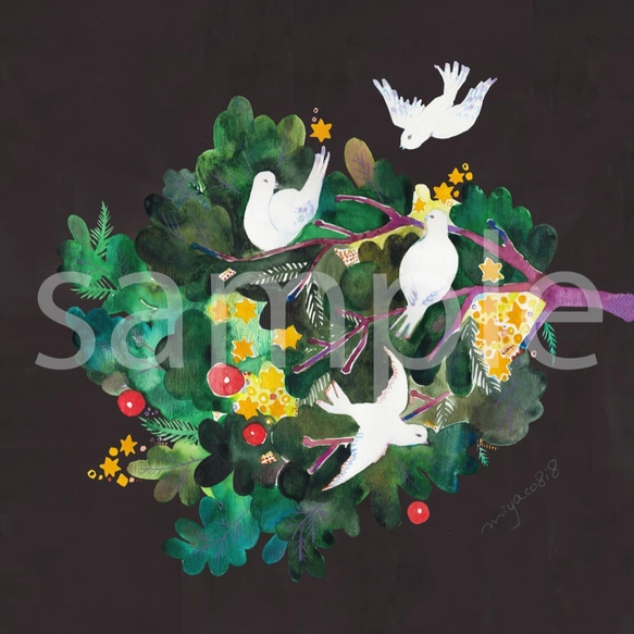 水彩画ポスター(30cm×30cm) 「もみの木と鳥」