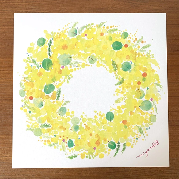 水彩画ポスター(30cm×30cm) 「ミモザのリース」