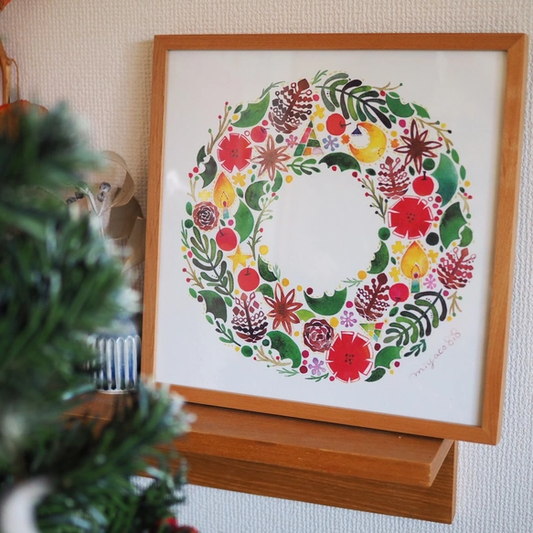 水彩画ポスター(30cm×30cm) 「クリスマスリース」