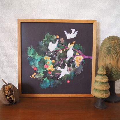 水彩画ポスター(30cm×30cm)　「もみの木と鳥」