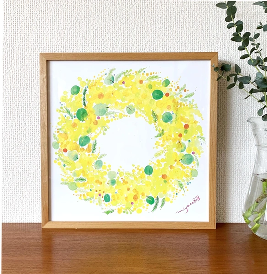 水彩画ポスター(30cm×30cm)　「ミモザのリース」
