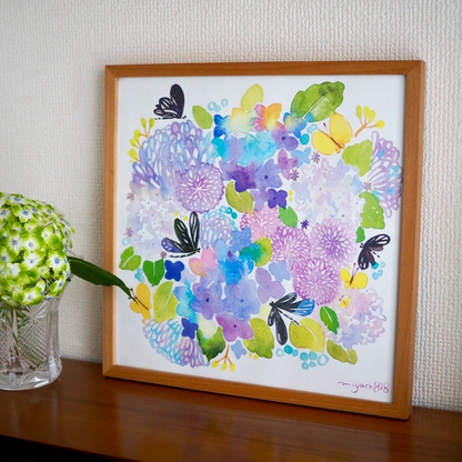 水彩画ポスター(30cm×30cm)　「ハグロトンボと紫陽花」