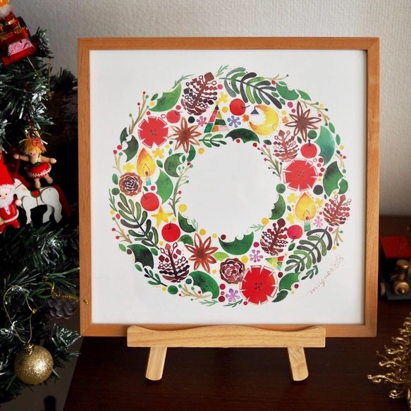 水彩画ポスター(30cm×30cm)　「クリスマスリース」