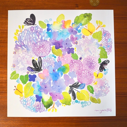 水彩画ポスター(30cm×30cm)　「ハグロトンボと紫陽花」