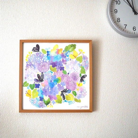 水彩画ポスター(30cm×30cm)　「ハグロトンボと紫陽花」