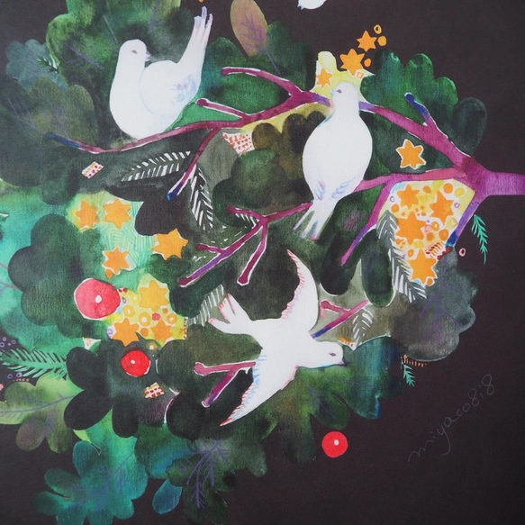 水彩画ポスター(30cm×30cm)　「もみの木と鳥」