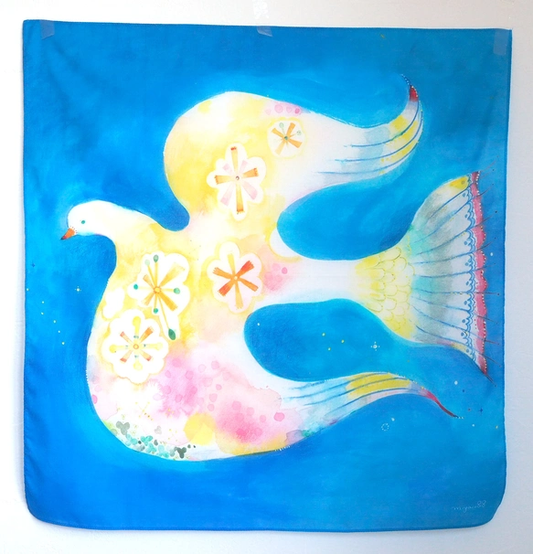 Watercolor Handkerchief "Bird in Blue" That Can Also Be Used as a Scarf