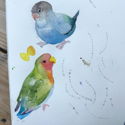 Watercolor Handkerchief "Friends with Birds" that Doubles as a Scarf