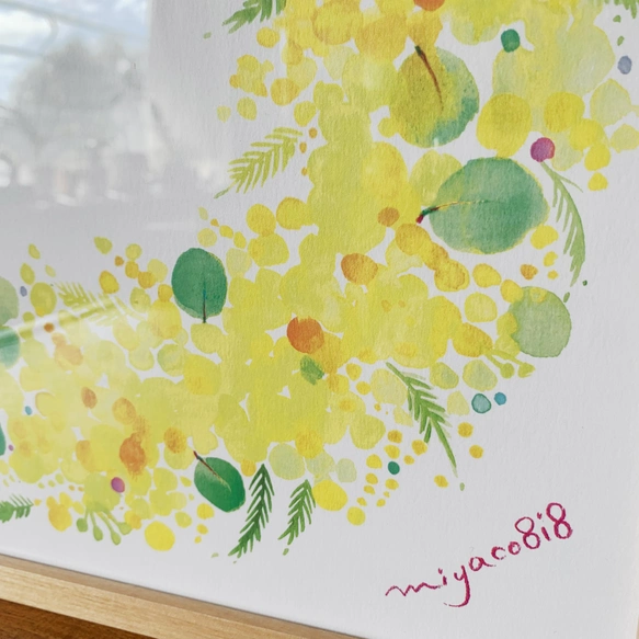 水彩画ポスター(30cm×30cm)　「ミモザのリース」