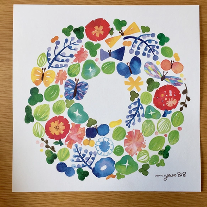 水彩画ポスター(30cm×30cm)　「雨の日のおさんぽ」