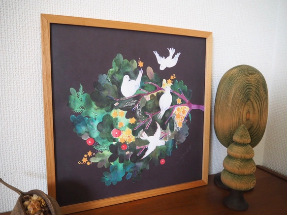 水彩画ポスター(30cm×30cm)　「もみの木と鳥」