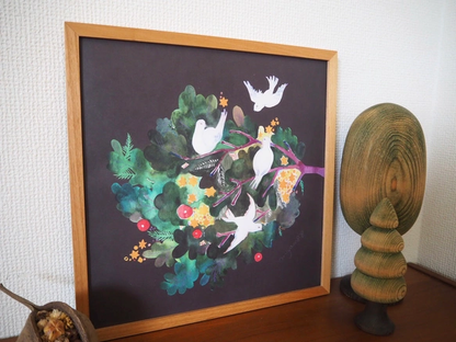 水彩画ポスター(30cm×30cm)　「もみの木と鳥」