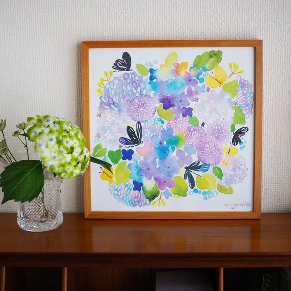 水彩画ポスター(30cm×30cm)　「ハグロトンボと紫陽花」