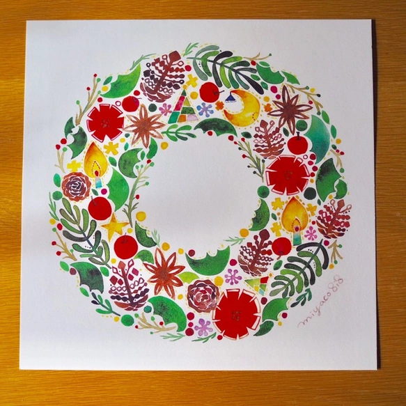 水彩画ポスター(30cm×30cm)　「クリスマスリース」
